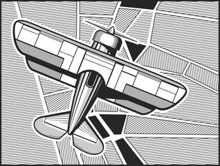 Retro plane flight engraving. Aviation black drawing © MicroOne