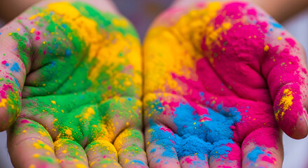 Close up of palms covered with colorful holi powder, vibrant messy hands with yellow pink and blue paint, creative arts and festival of colors background