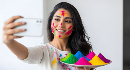 Beautiful Indian woman taking selfie on smartphone at Holi festival, smiling girl with colorful powder on face holding palette of paints, social media and celebration concept