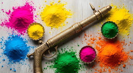 Traditional brass pichkari with heaps of colorful holi powder on wooden background, flat lay of indian festival of colors equipment with copy space