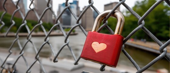 Red love padlock with heart symbol on fence near river in urban setting during day