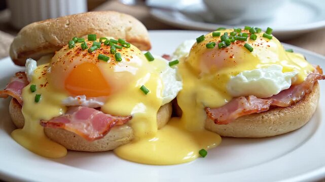 Eggs benedict served on a white plate for breakfast, mp4 vide. AI