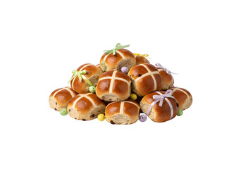 A stack of hot cross buns set against a white backdrop