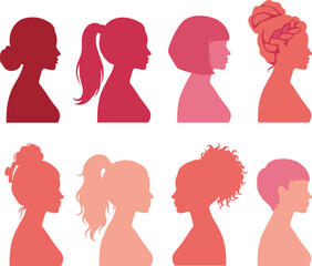 Diverse female silhouettes, various hairstyles profiles, modern beauty illustration set, fashion diversity concept, women avatar collection isolated background © Vexora Studio