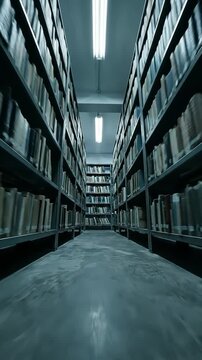 Moody low-angle shot of cool blue library stacks emphasizes the overwhelming depth, symbolizing intense academic stress.