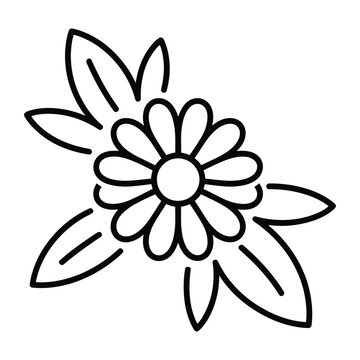 A simple black line drawing of a flower with leaves