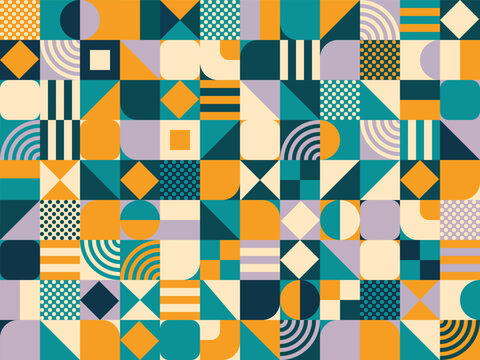 Seamless abstract geometric background in retro style with colorful shapes