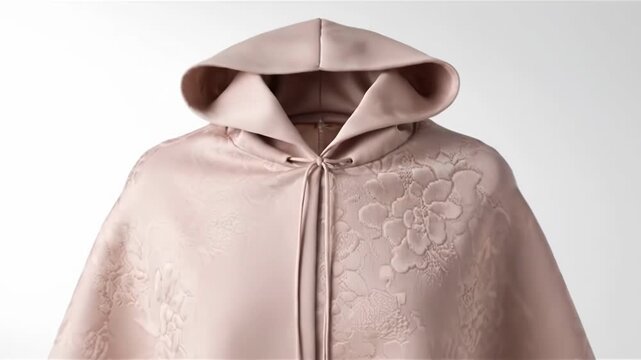 An elegant blush cape with a floral pattern is showcased beautifully. This stylish hooded garment features a delicate scalloped edge.