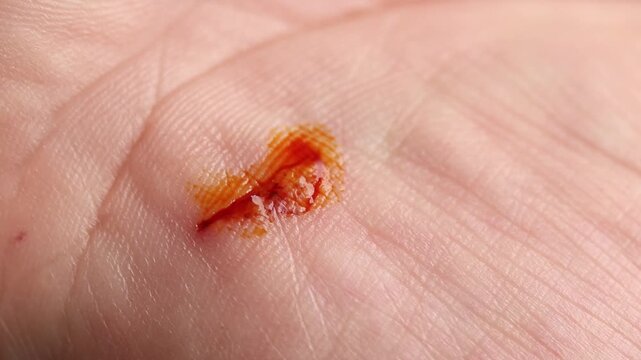 Close-up of cotton bud applying red povidone-iodine to a wound on the palm, followed by covering the area with a medical adhesive fabric plasters 