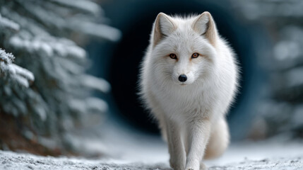 Obraz premium Majestic kitsune fox in snowy time portal winter scene