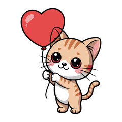 Fototapeta premium Cute cartoon kitten holding a red heartshaped balloon, adorable pet character illustration