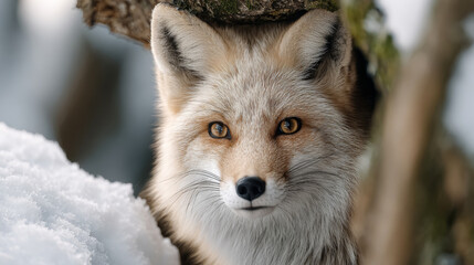 Obraz premium Serene fox at hidden den entrance in snowy forest