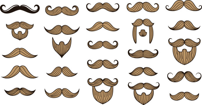 Vintage moustache collection vector illustration set, hipster beard styles, barber shop design elements, isolated retro decorative icon pack