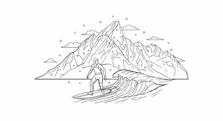 Surfer riding a wave with a mountain backdrop and sky