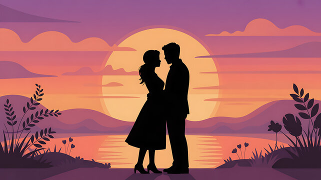 Couple Silhouetted Against Sunset with Flowers standing