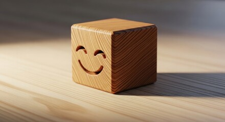 A wooden cube with a smiley face carved on one side sitting on a wooden surface