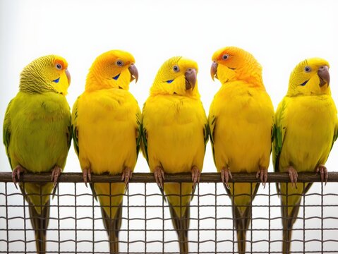 Five vibrant parakeets perched closely on a wire mesh barrier in a row.