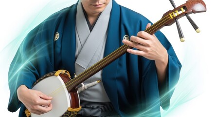 Shamisen musician in traditional attire playing with bachi stick &mdash; ideal for Japanese cultural performance and music education.