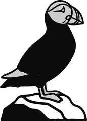 Stylized puffin with black body, gray face, and striped beak on rock
