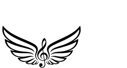 Obraz premium Stylized treble clef with symmetrical stylized wings in black on white background