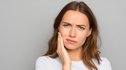 Obraz premium Young Adult in Clean Setting Showing Tooth Pain While Holding Cheek With a Pained Expression Indicating Dental Discomfort and Concern for Health