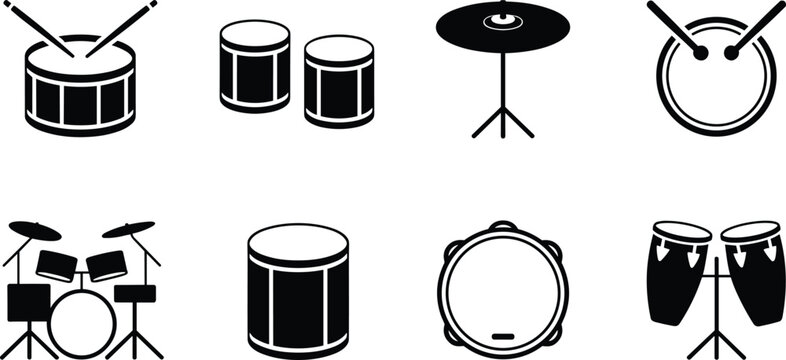 Black and white percussion instrument icon set featuring snare drum, toms, cymbal, bass drum, tambourine, conga drums, and full drum kit for music and education graphics