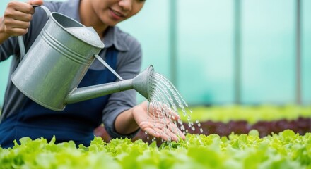 Person watering lettuce seedlings with metal watering can in greenhouse &mdash; ideal for sustainable agriculture and gardening education.