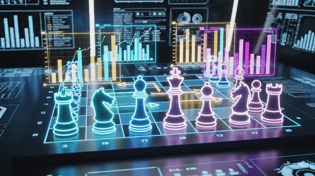 Chess pieces on digital board with data visualizations technology concept