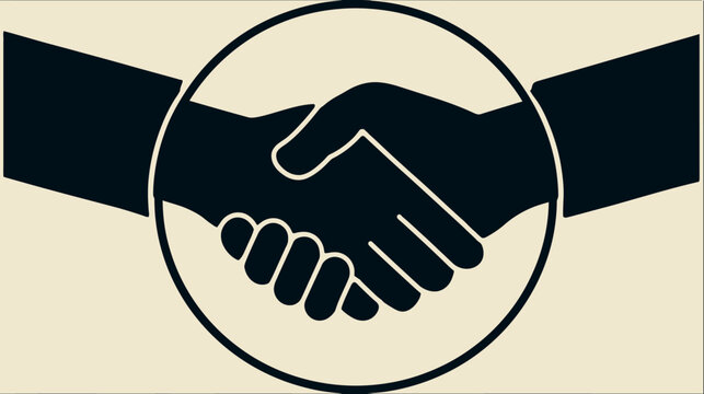 Black and white illustration of two hands shaking inside a circle on a cream colored background