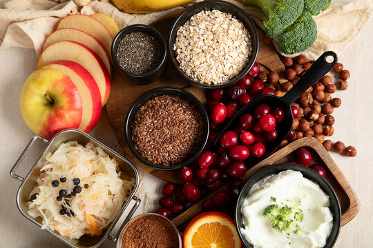 Assortment of foods for healthy gut and digestive system