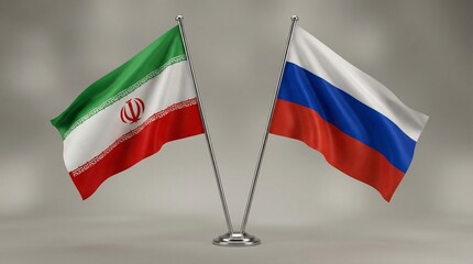 Waving tabletop flags representing the nations of Iran and Russia stand proudly mounted on sleek silver poles for diplomatic display.