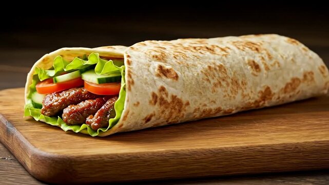 A delicious wrap filled with fresh vegetables and savory meat.