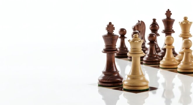 Strategic chess pieces poised for battle, with the king and queen in the forefront, set against a background.