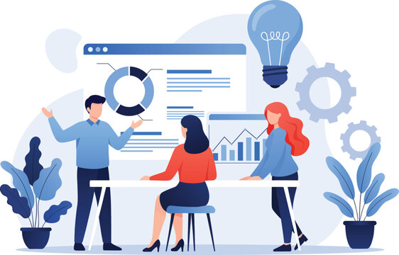 Business team analyzing data and presenting analytics dashboard in modern flat illustration