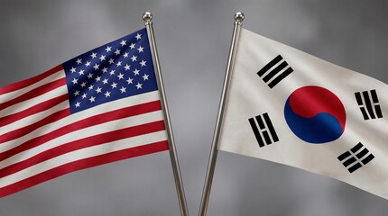 Symbol of diplomatic relations and alliance featuring the waving flags of the United States and South Korea crossed together