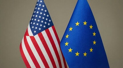 Close-up view of United States and European Union flags positioned side-by-side for international diplomacy and transatlantic partnership concepts.