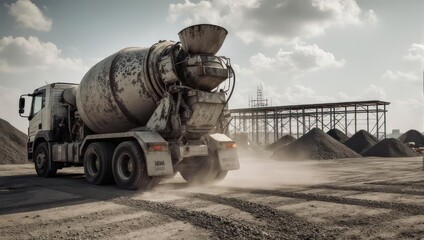 Cement Truck at Construction Site with Steel Structure in Background.