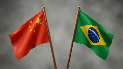 Vibrant national flags representing China and Brazil waving together symbolize strong bilateral relations, diplomacy, and international trade agreements.