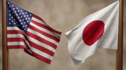 Waving American flag and Japanese national flag displayed side by side signifying bilateral relations and diplomacy between two nations.
