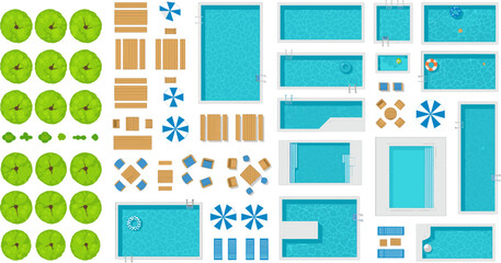 Modern top down swimming pool and patio furniture set with blue umbrellas and green tree canopies, © Saidi