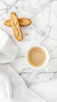 Steaming coffee swirl with biscotti on marble table in cozy kitchen setting