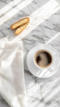 Morning light: coffee cup and biscotti on marble table scene with shifting shadows