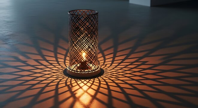 ornate metal lantern casting geometric shadow patterns on floor, creating warm ambient light in dark room, decorative home accent