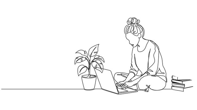 animated continuous line drawing of woman sitting on floor working with laptop computer, line art animation