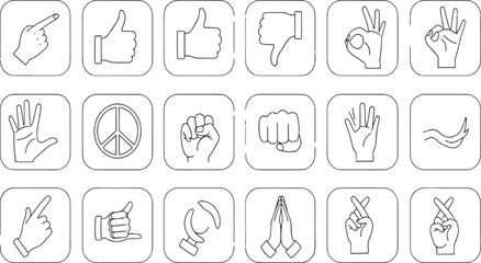 Print Minimalist Hand Gestures Icon Set in Rounded Square Frames Featuring Peace Signs Victory Symbols Prayer Hands and Positive Affirmations