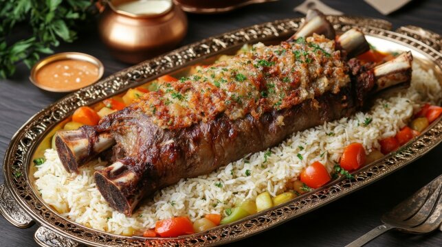 Roasted Lamb Shank Served with Rice and Vegetables