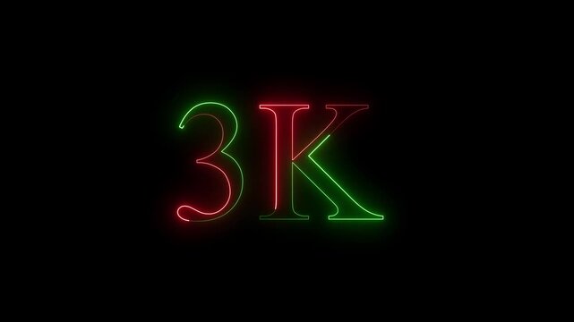 A dynamic motion, and glowing neon number 3k animation  on a black background. 