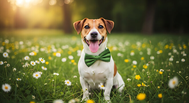 St patrick's day dog in green bowtie celebrating luck of irish