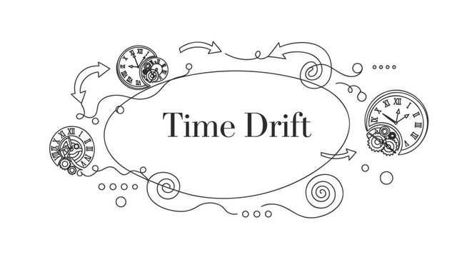 Vintage clock faces with swirling lines and dots, Time Drift label, vector illustration for poster or banner