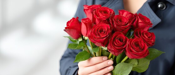 Fototapeta premium Man stands in modern space holding red roses with greenery while dressed in a dark blue trench coat